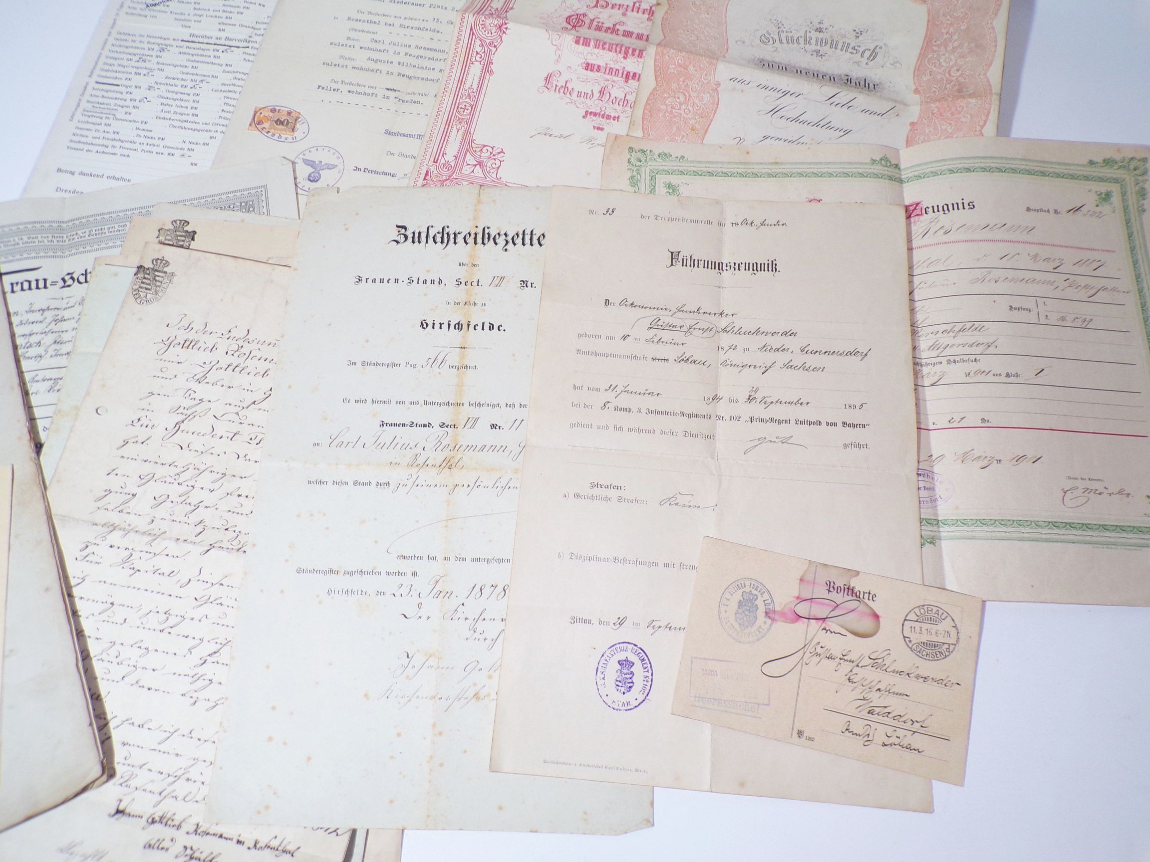 Konvolut alte Dokumente Hirschfelde Rosenthal Zittau ab 1884 Handschrift