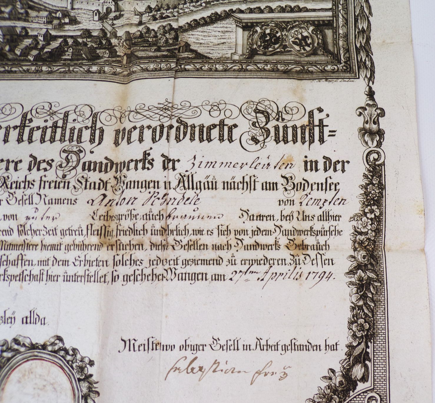 Uralter Gesellenbrief Zimmermann 1794 Wangen Allgäu Kupferstich