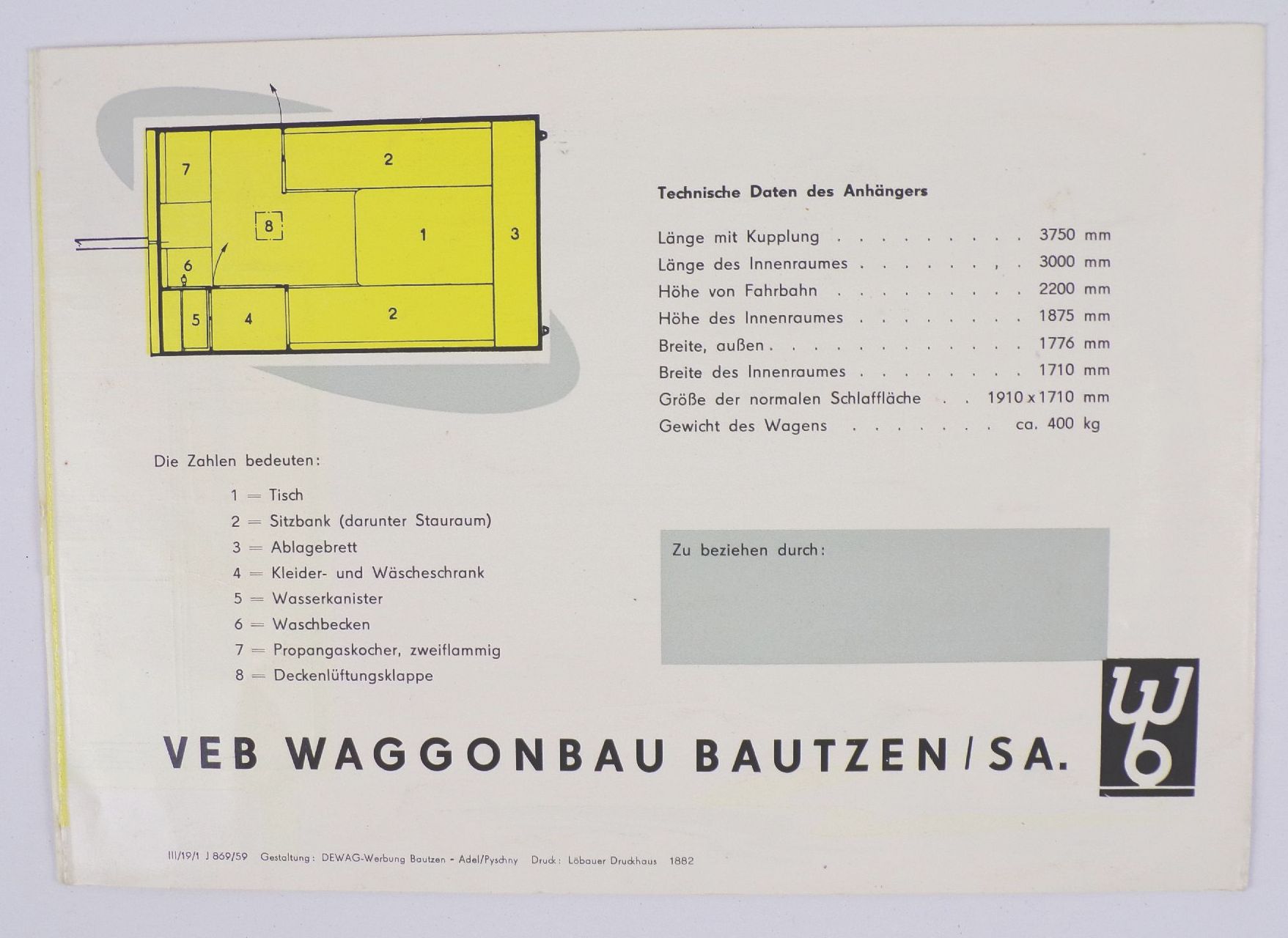 DDR Prospekt Auto Camping Anhänger VEB Waggonbau Bautzen 1959 