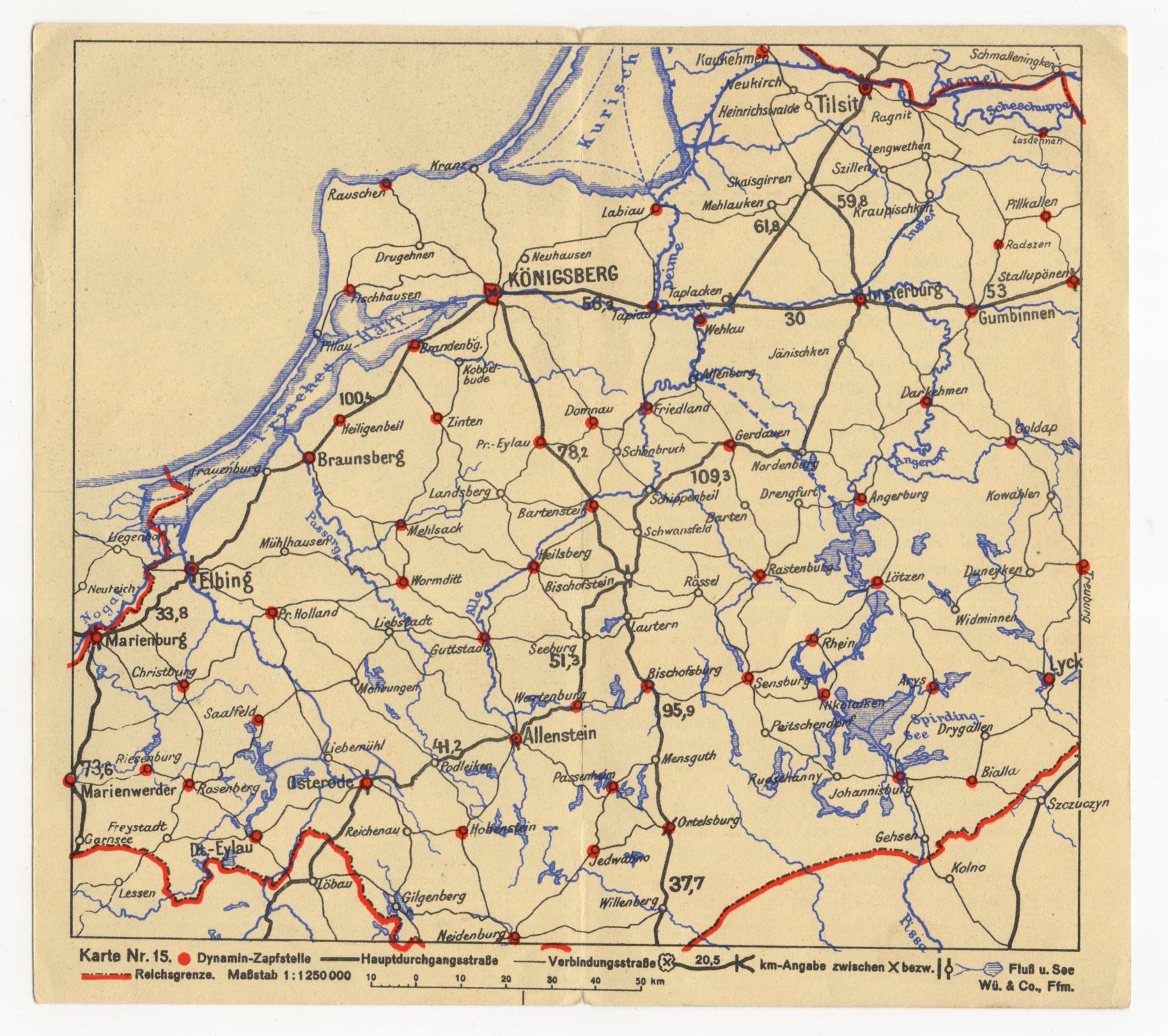 Prospekt Shell Dynamin Zapfstellen Landkarte Ostpreußen um 1930 Karte 15