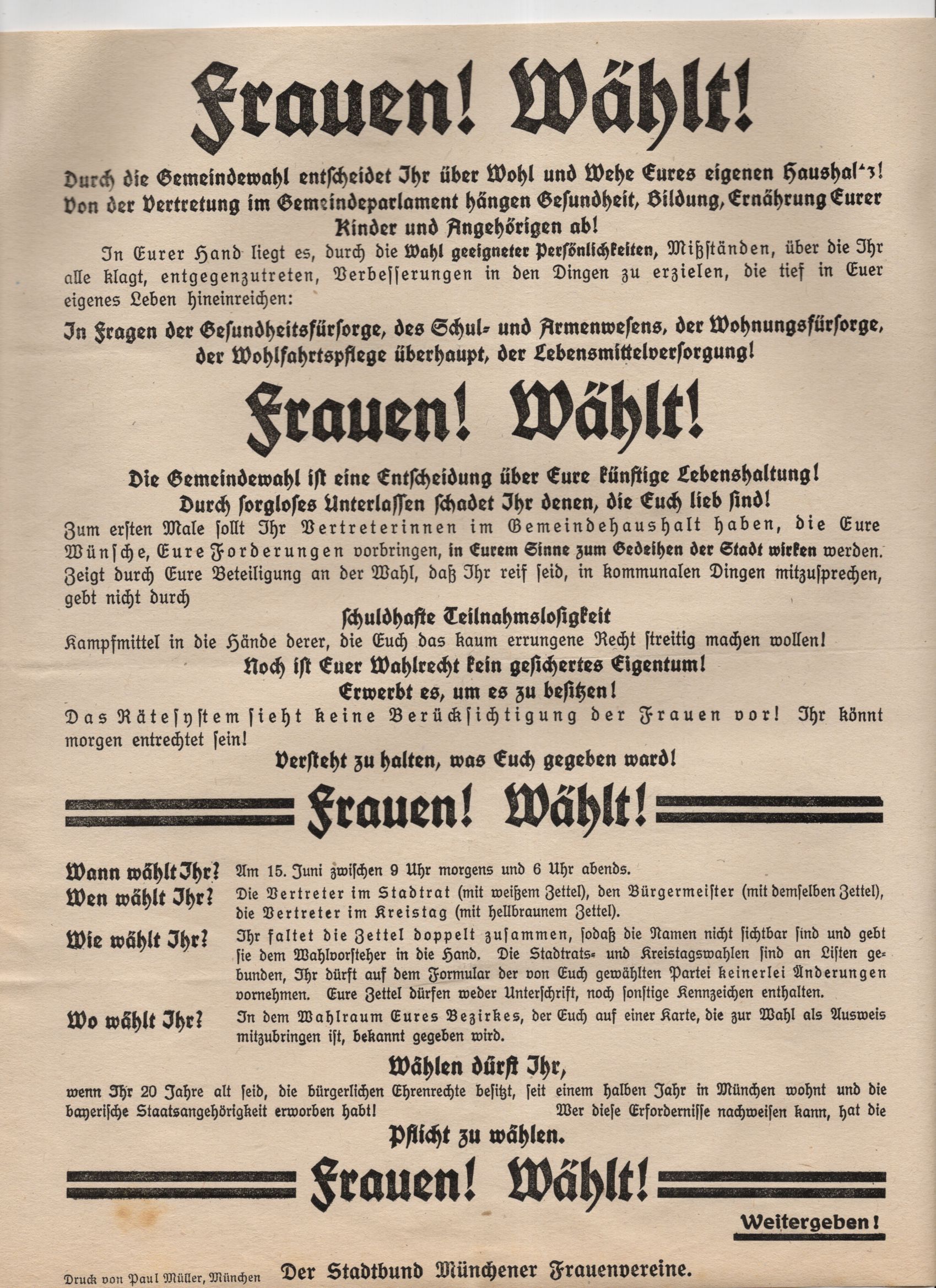 Politisches Flugblatt 1919 Frauen wählt Stadtbund München Frauenverein Feminismus