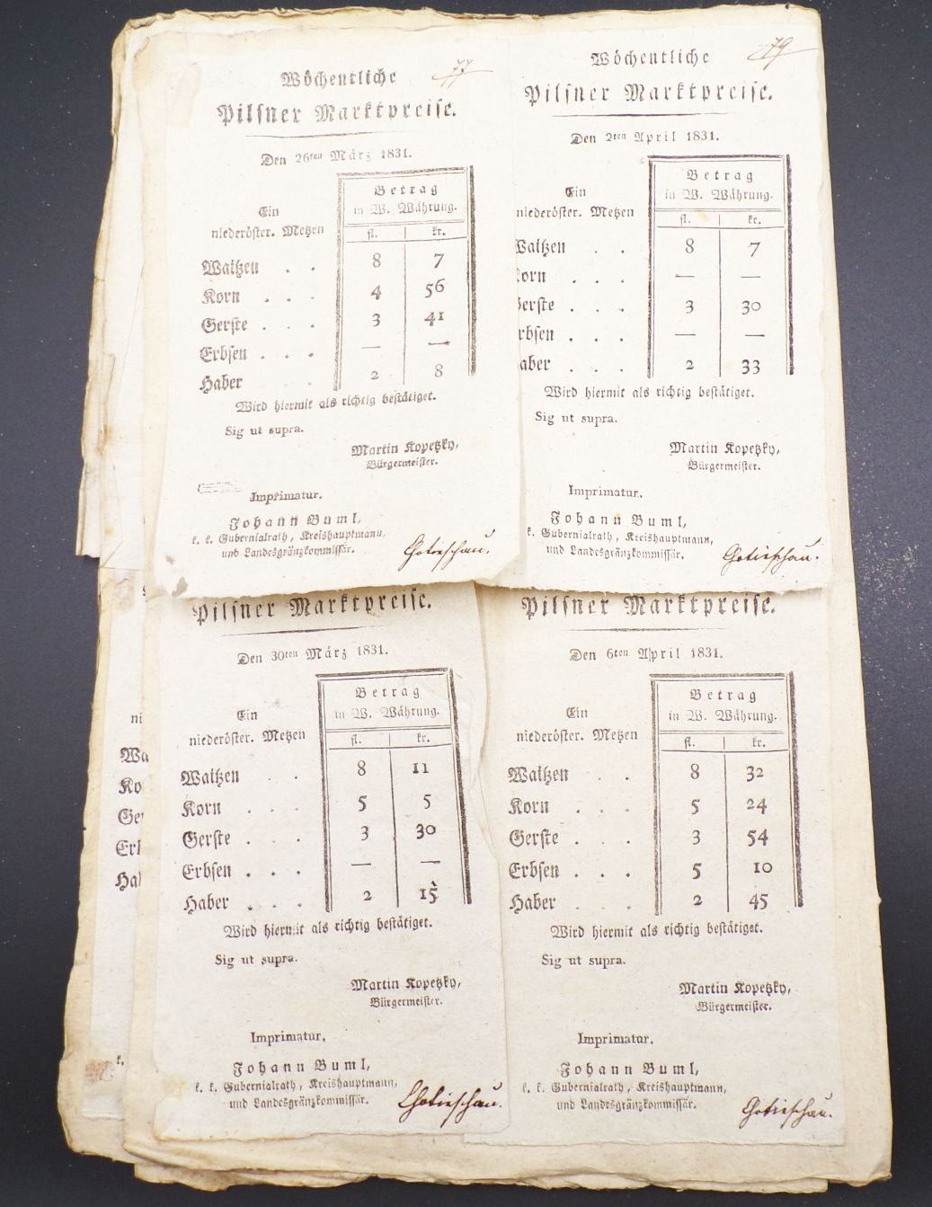 Quittungen Lot 1830 Marktpreise Pilsen Böhmen 