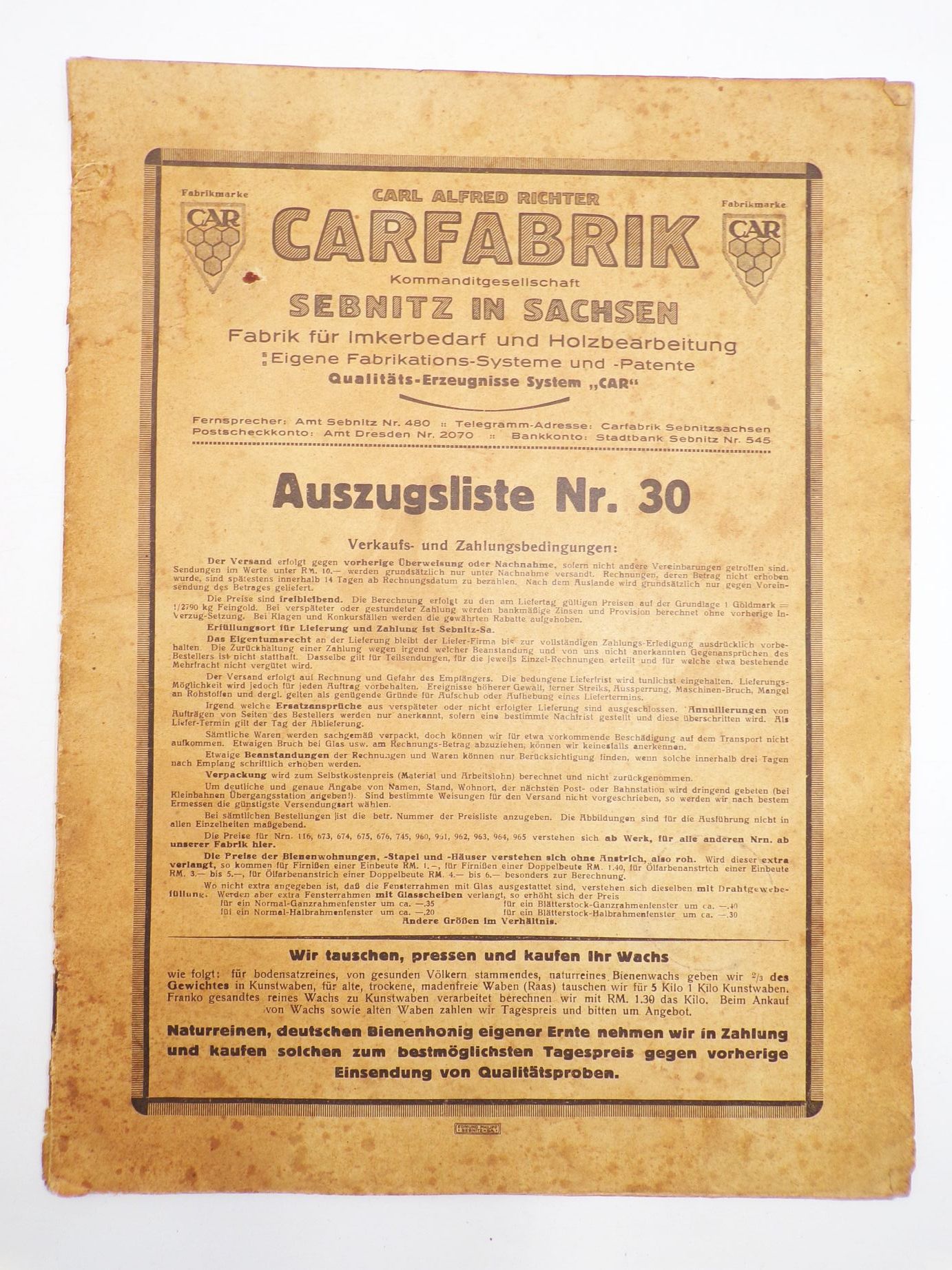 Katalog Carfabrik Sebnitz Sachsen Imkerei Zubehör um 1935