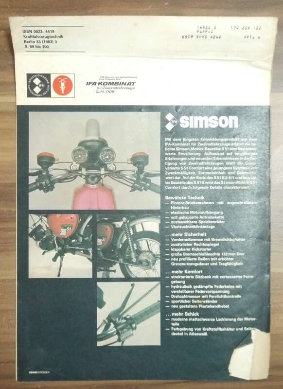 DDR KFT zum neuen C Modell aus Suhl März 1983 SimsonS51 Comfort