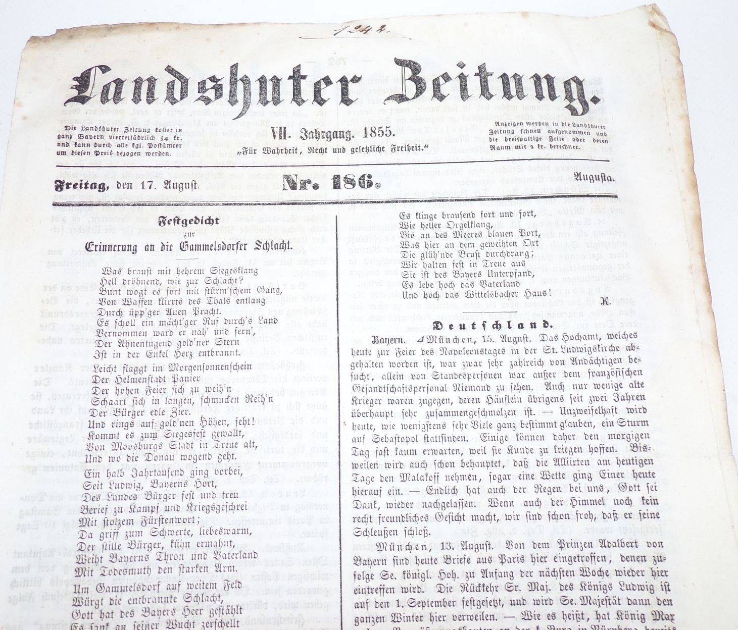 Alte Landshut Zeitungen Wochenblatt 1837 1844 1855 1865 