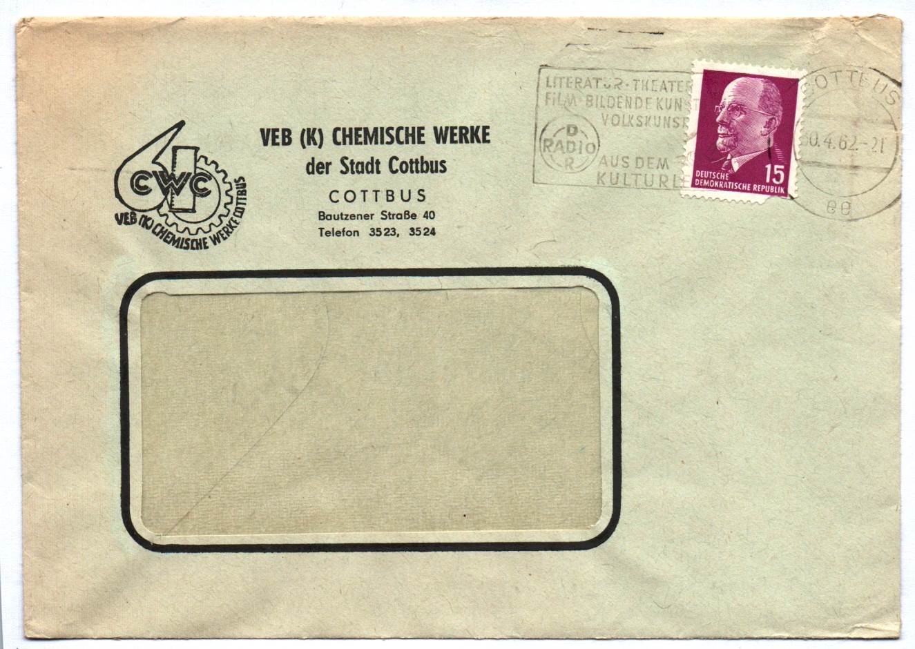 Brief DDR 1962 Propaganda Stempel VEB Chemische Werke Cottbus Brief DDR 1962 Propaganda Stempel VEB Chemische Werke Cottbus