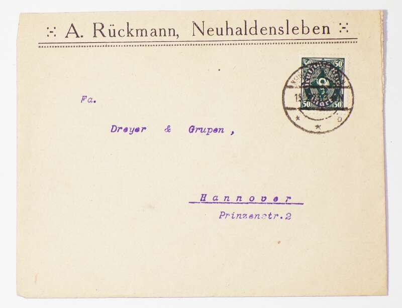 Firmen Brief 1923 Rückmann Neuhaldensleben nach Hannover
