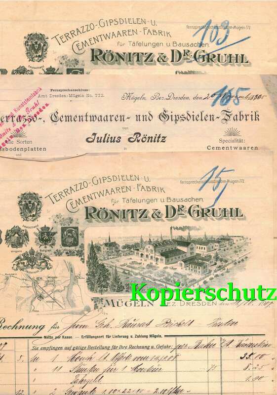 Konvolut Litho Rechnungen Rönitz & Dr. Gruhl Terrazzo Zement Waren Mügeln Dresden 1908 