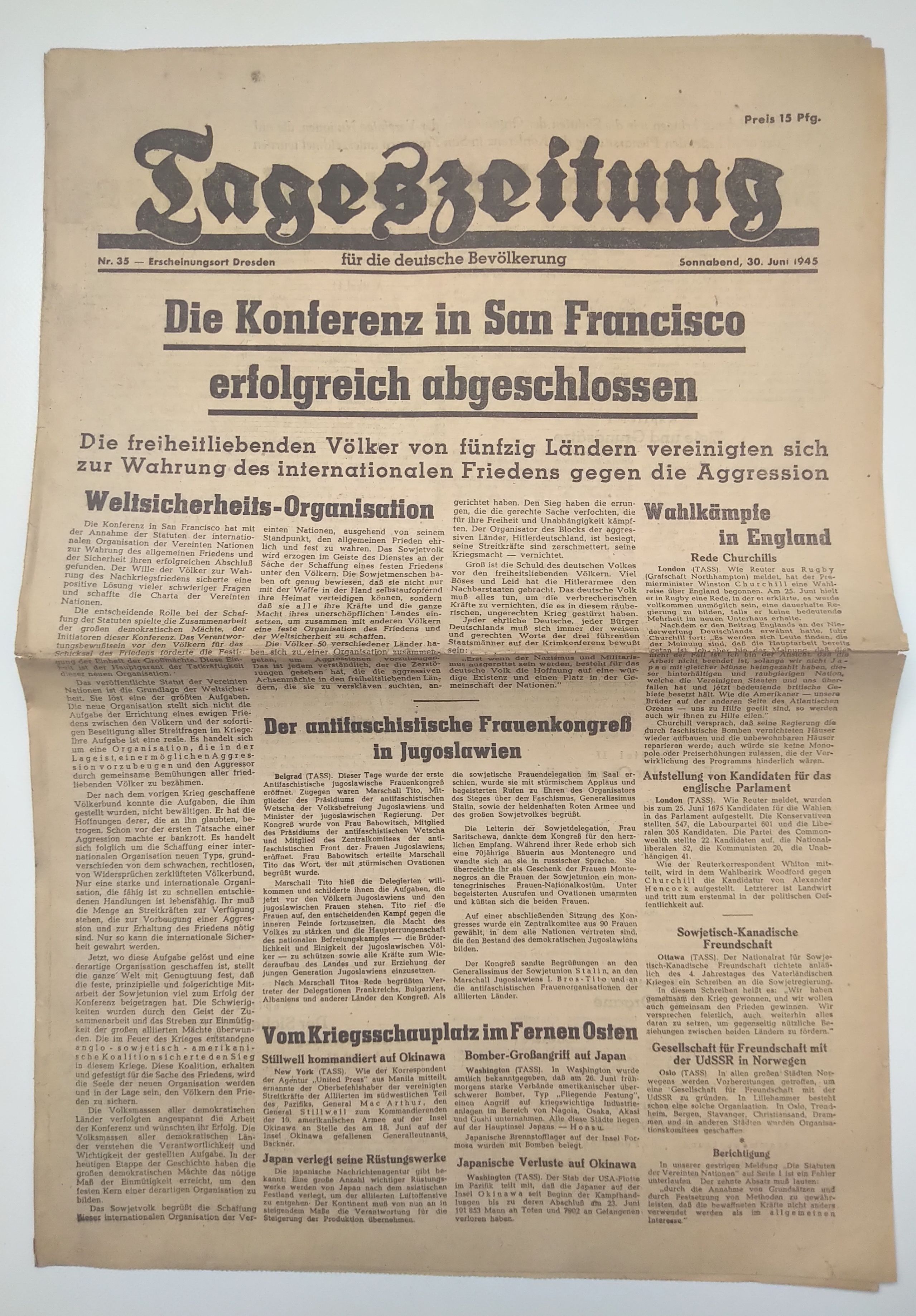 Tageszeitung Konferenz in San Fransisco 1945 Nr 35 Wahlkämpfe England