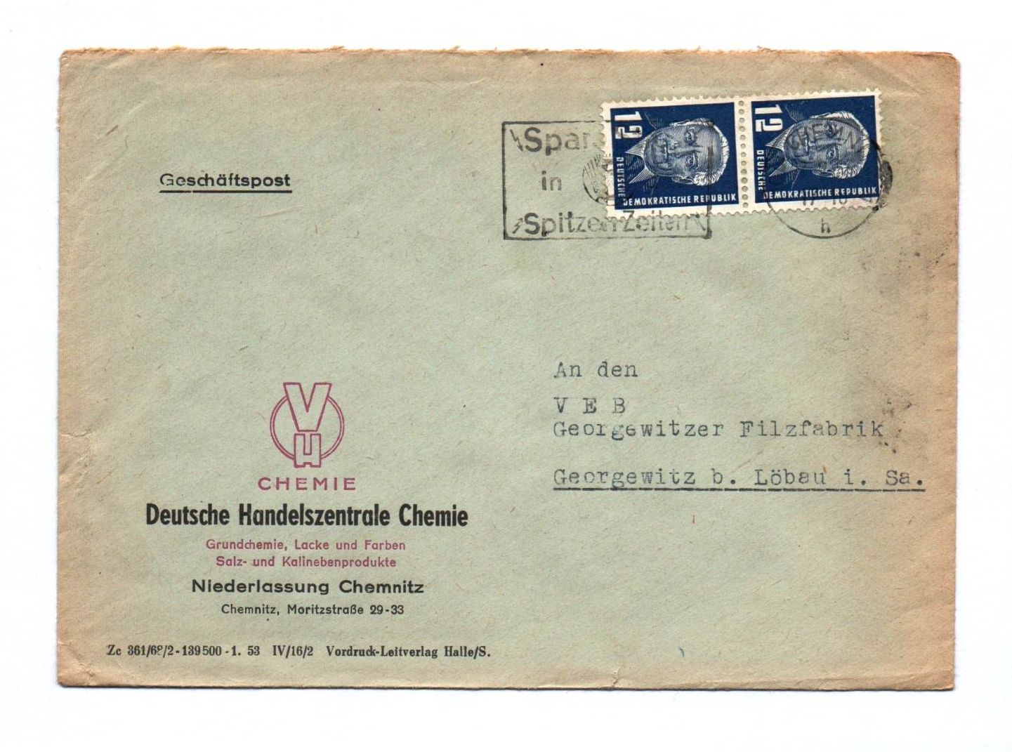 Geschäftspost Deutsche Handelszentrale Chemie Niederlassung Chemnitz DDR Geschäftspost Deutsche Handelszentrale Chemie Niederlassung Chemnitz DDR