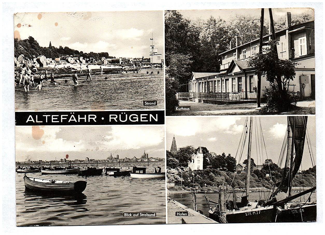 Ak Altefähr Rügen Strand Kurhaus Blick auf Strahlsund Hafen DDR 1973