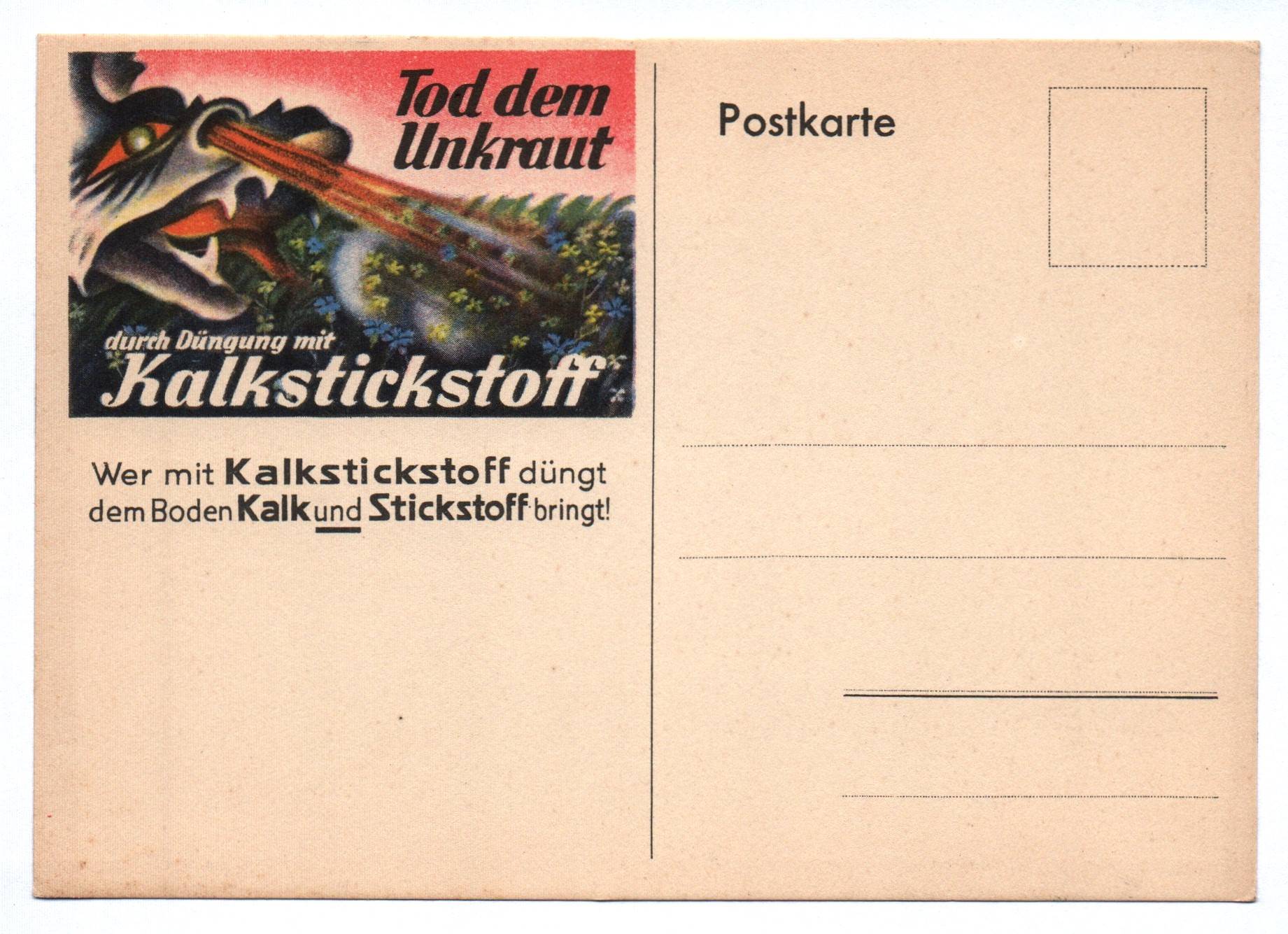 Postkarte Tod dem Unkraut durch Düngung mit Kalkstickstoff