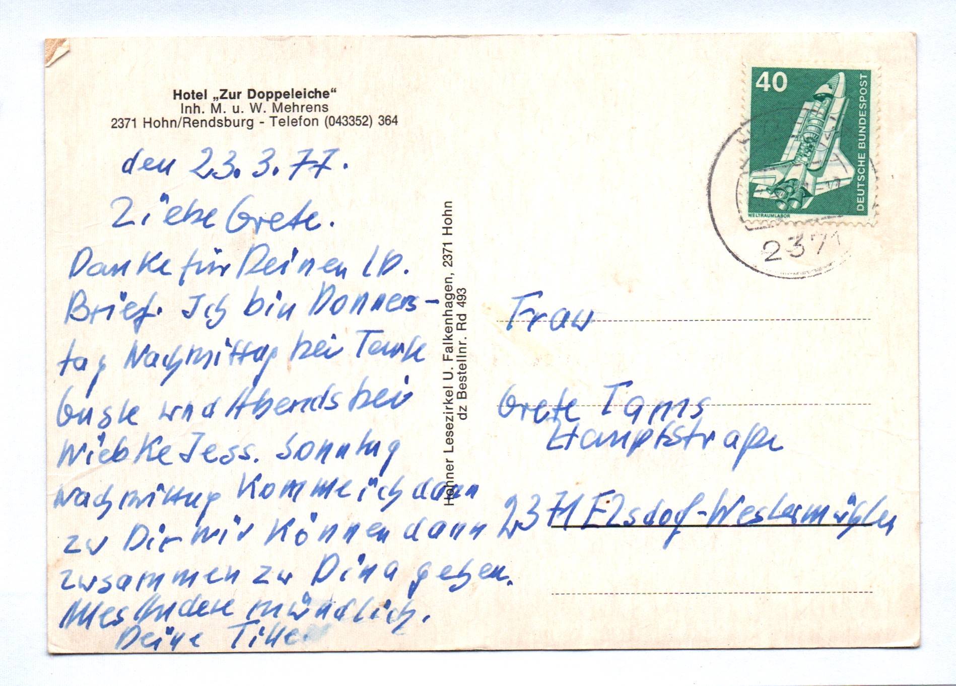 Ak Hotel zur Doppeleiche Hohn Rendsburg 1977 Ak Hotel zur Doppeleiche Hohn Rendsburg 1977