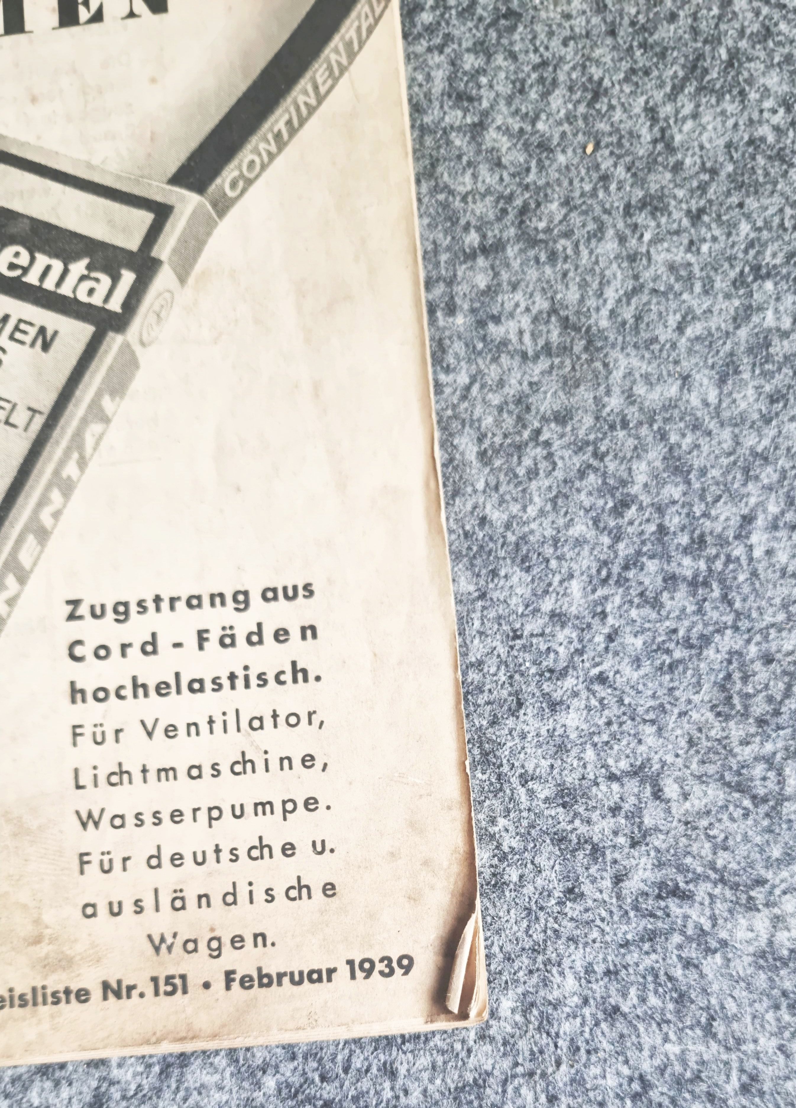 Preisliste für Continental Keilriemen 1939 Prospekt für Kraftfahrzeuge Preisliste für Continental Keilriemen 1939 Prospekt für Kraftfahrzeuge