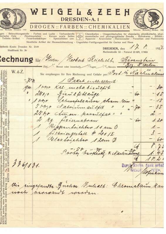 Rechnung Weigel u Zeeh Dresden A1 Drogen Farben Chemikalien 1927 Briefkopf