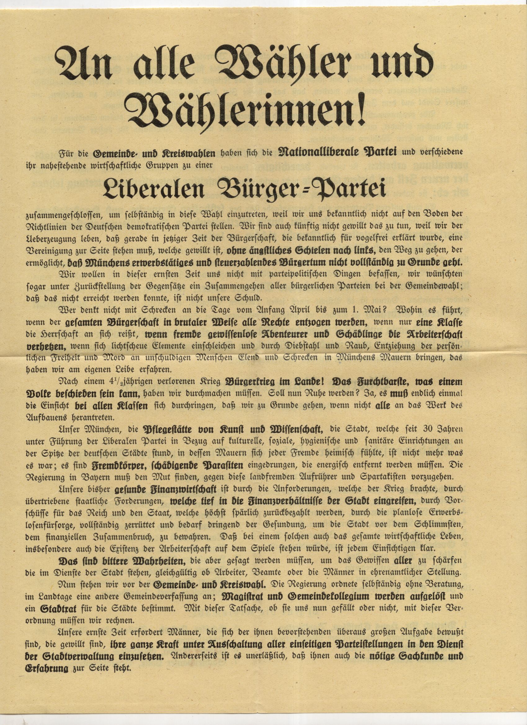 Flugblatt Liberale Bürger Partei Bayern 1919 München