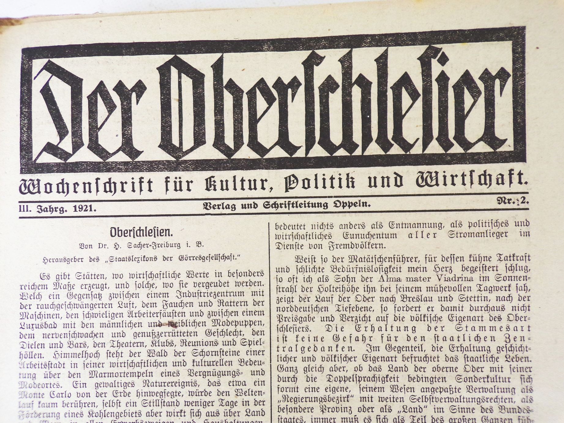 Der Oberschlesier Wochenschrift 1921 Nummer 1 bis 38 Schlesien Zeitung Der Oberschlesier Wochenschrift 1921 Nummer 1 bis 38 Schlesien Zeitung