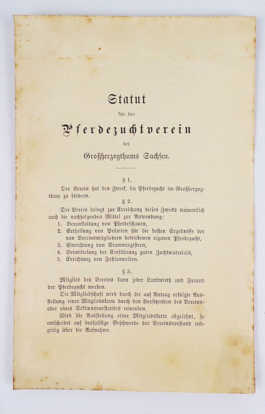 Statut für den Pferdezuchtverein Großherzogtum Sachsen Pferde Zucht um 1900