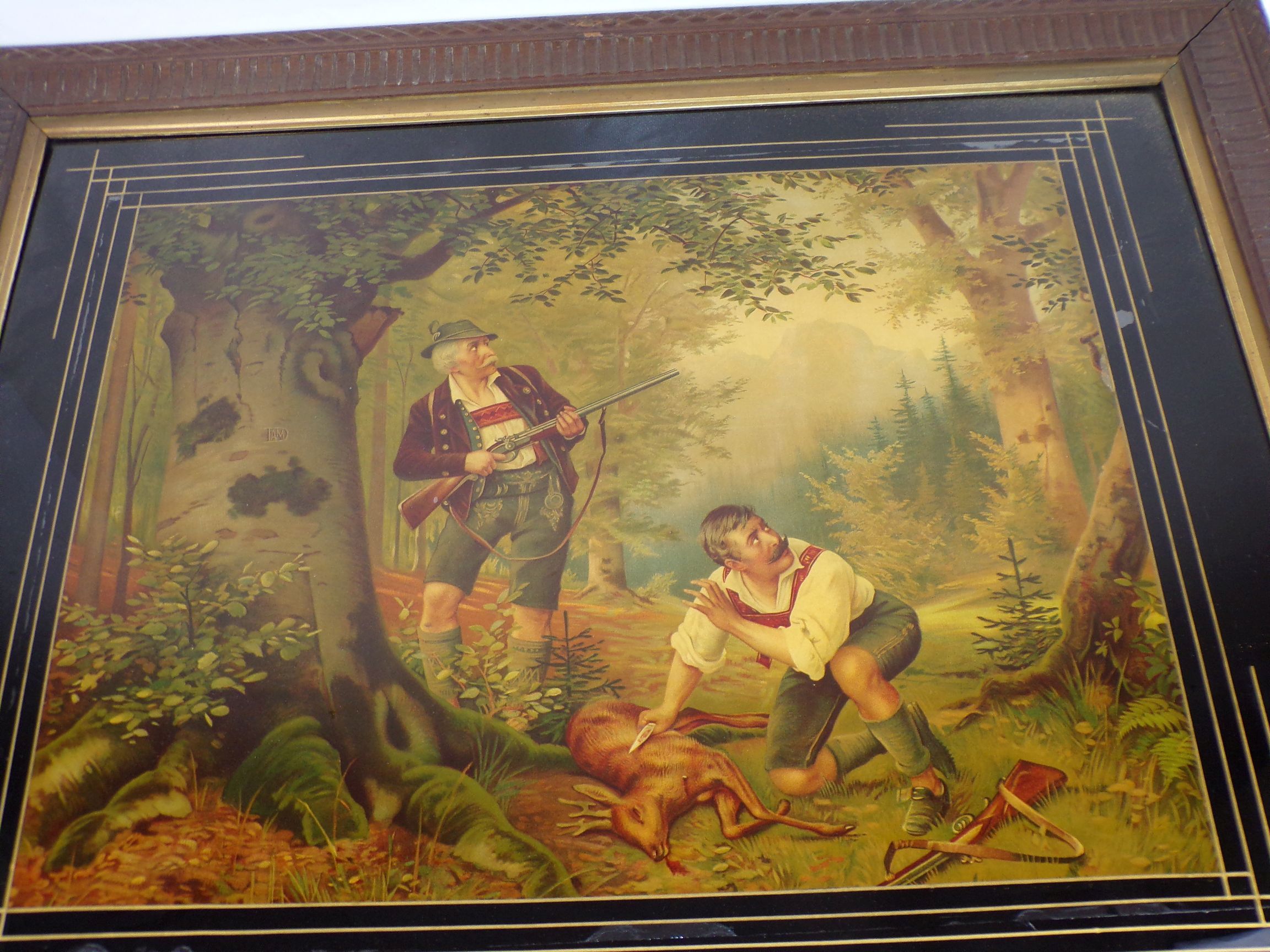 Altes Bild Stülpner Karl Jagdszene um 1900 Hinterglas Druck Siebdruck 