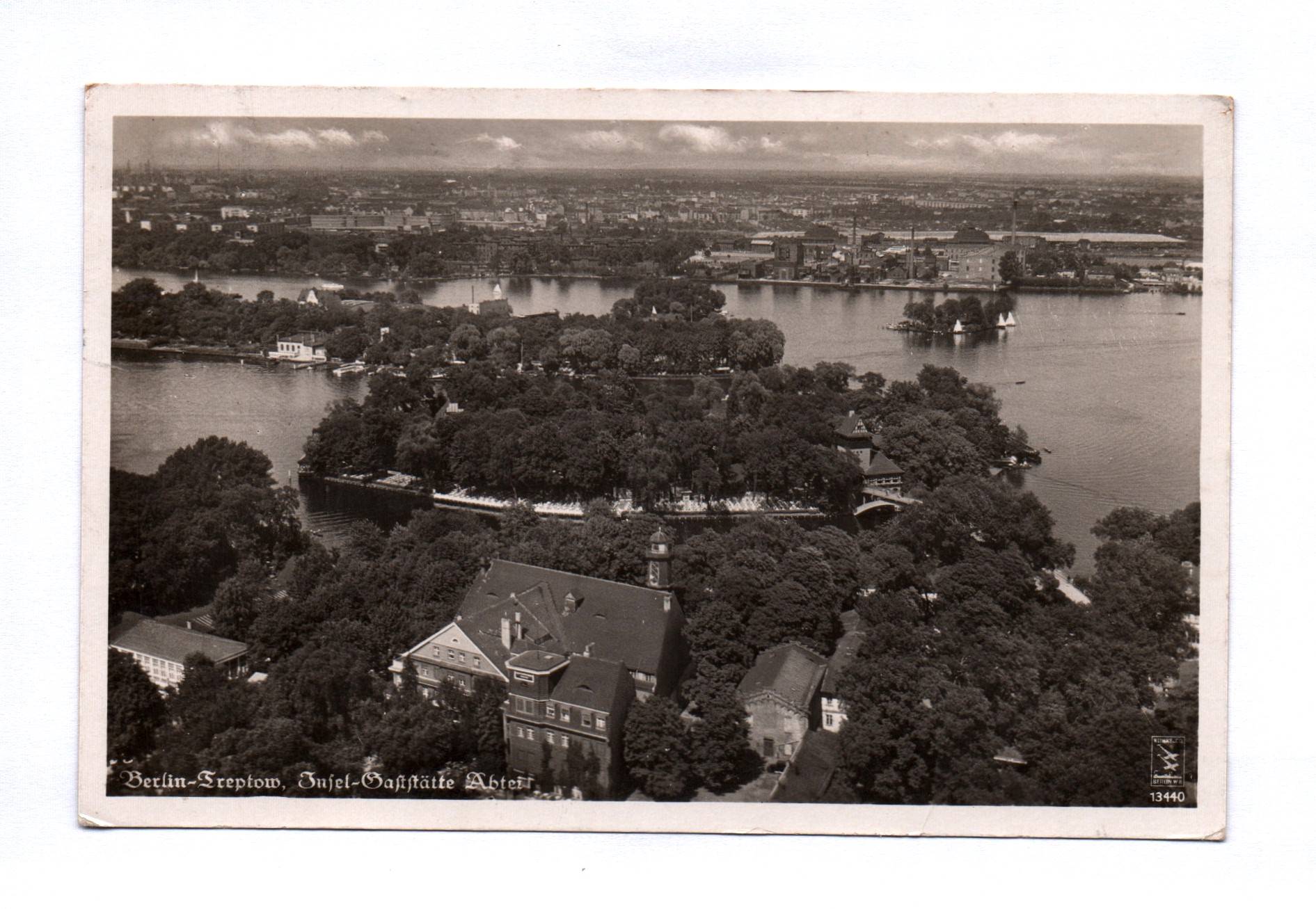 Foto Ak Berlin Treptow Insel Gaststätte Abtei 1936