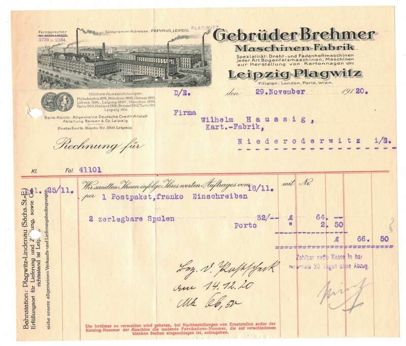 Gebrüder Brehmer Leipzig Plagwitz Maschinenfabrik 1920 Litho Rechnung