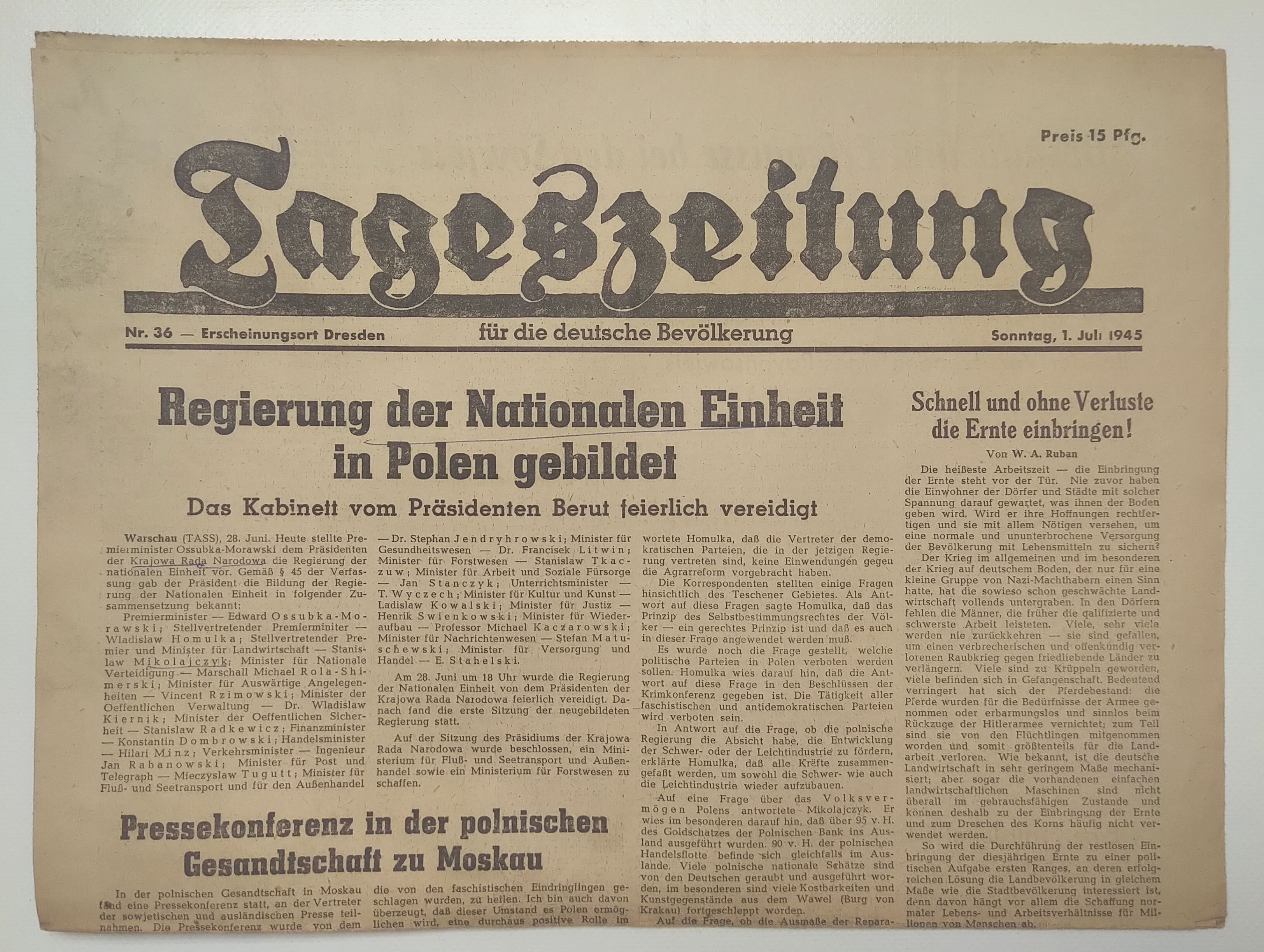 Tageszeitung Regierung Nationale Einheit Polen 1945 Nr 36