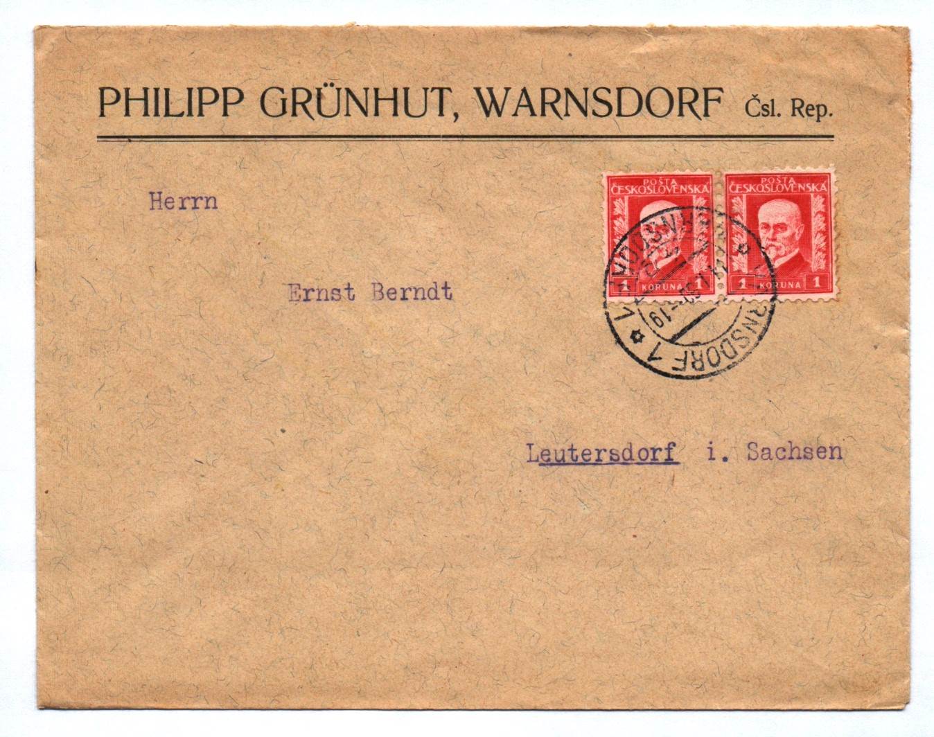 Brief Philipp Grünhut Warnsdorf Csl Rep an Ernst Berndt