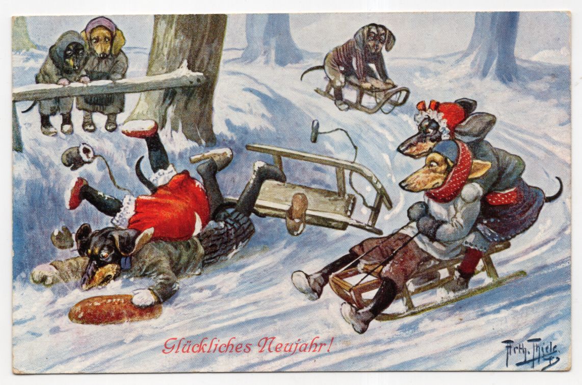 Arthur Thiele Ak Glückliches Neujahr Hunde fahren Schlitten 1919