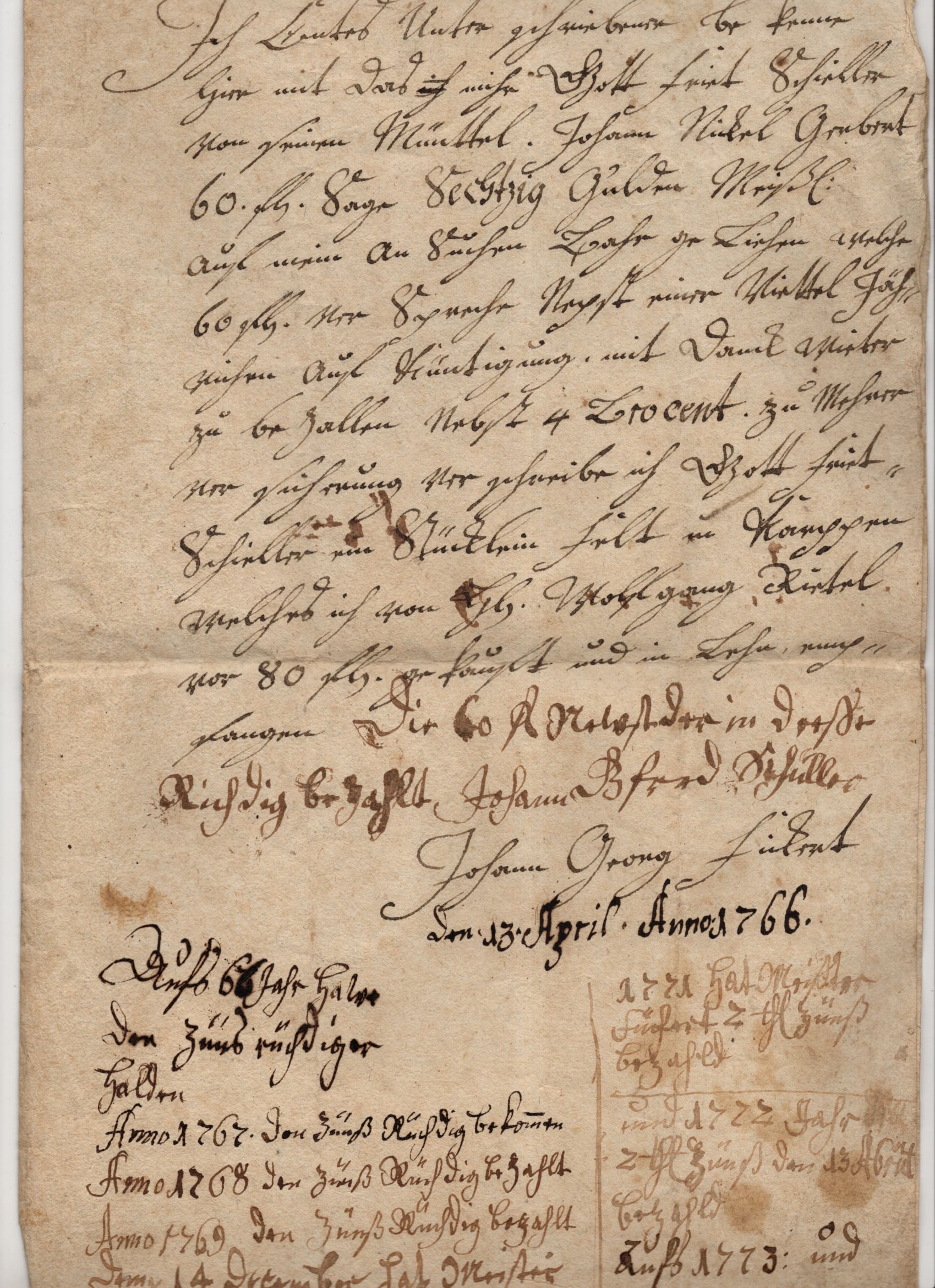 Handschriftliche Quittung 1766 Schriftstück