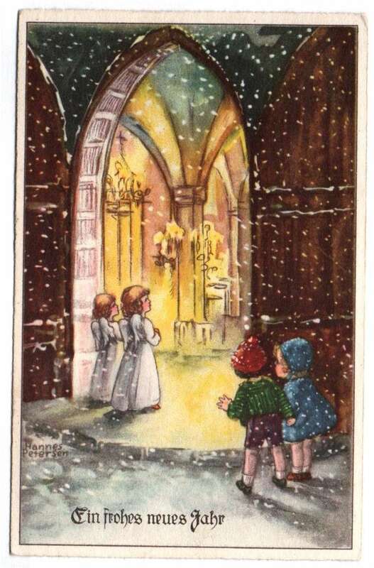 Hannes Petersen Ak Kinder Engel vor Kirche Neujahr um 1920