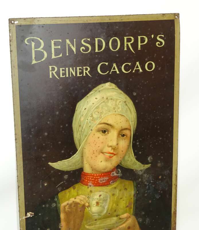 Lithografiertes Blechschild Bensdorp Reiner Cacao um 1900 selten 
