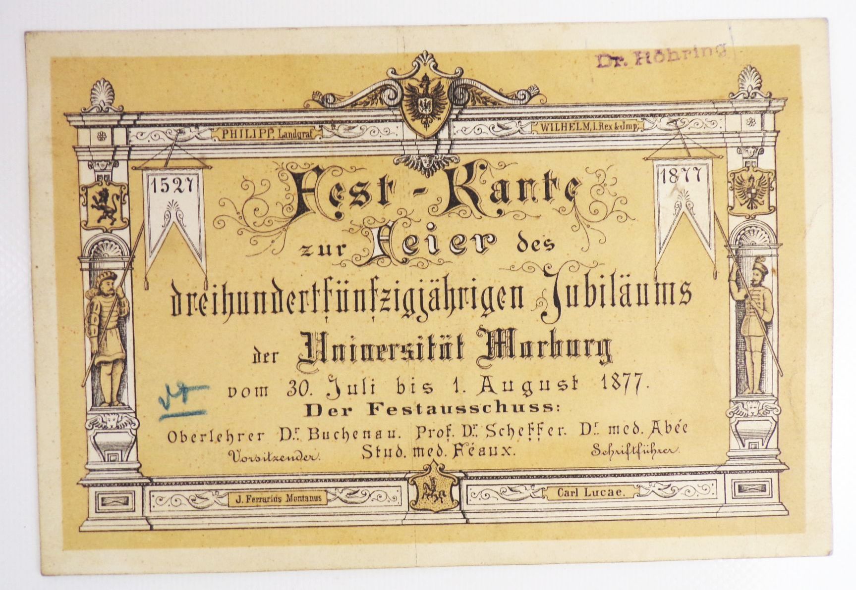 Studentika Nachlass Marburg ab 1877 Festkarte Commers Studentika Nachlass Marburg ab 1877 Festkarte Commers