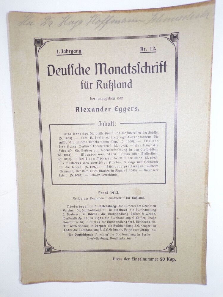 Deutsche Monatsschrift für Russland Alexander Eggers 1912 Reval 