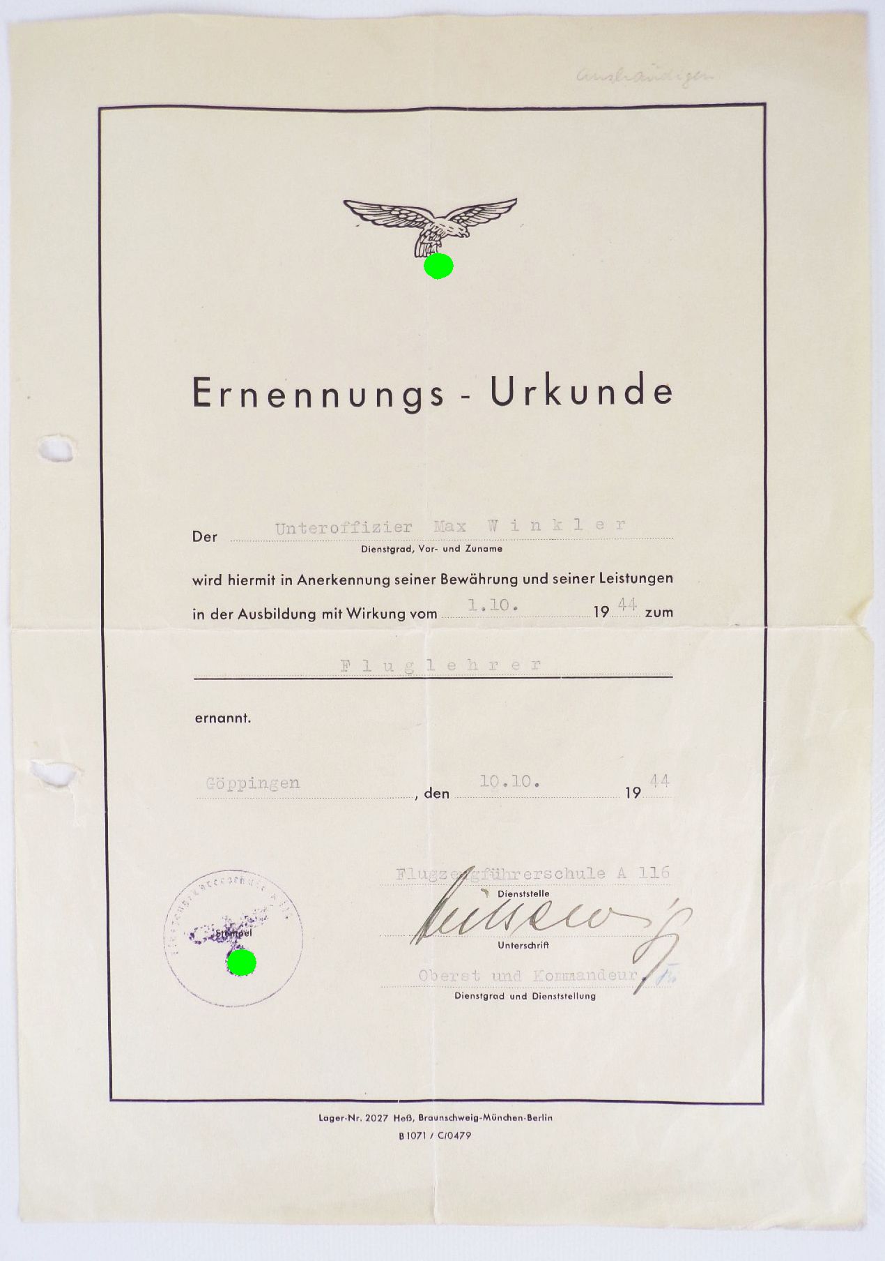 Urkunde Flugzeugführer Abzeichen und Ernennungsurkunde Fluglehrer 1944 Urkunde Flugzeugführer Abzeichen und Ernennungsurkunde Fluglehrer 1944