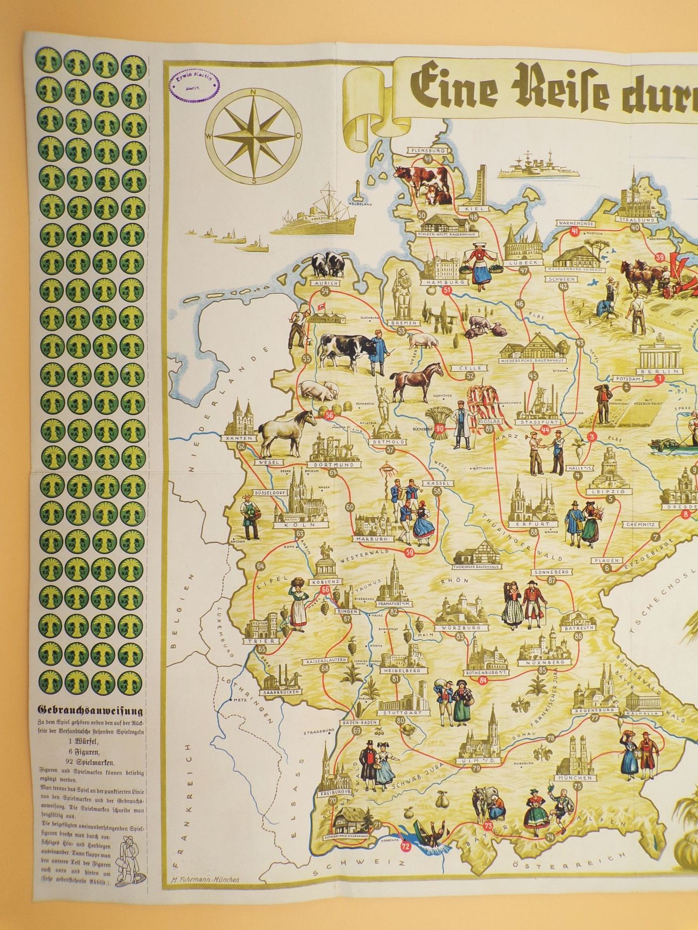 Reise durch Deutschland Würfelspiel 1930er mit Figuren Brettspiel