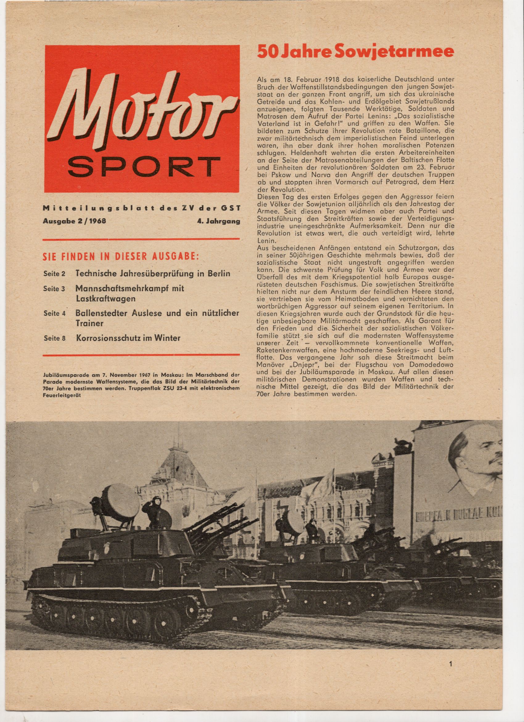 Motor Sport Mitteilungsblatt des ZV der GST Ausgabe 2 von 1968 Moskau Panzer