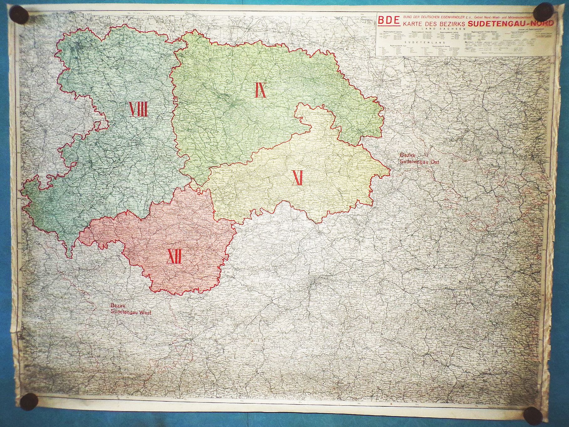 Alte Landkarte Sudeten Gau Nord Bund der deutschen Eisenhändler 