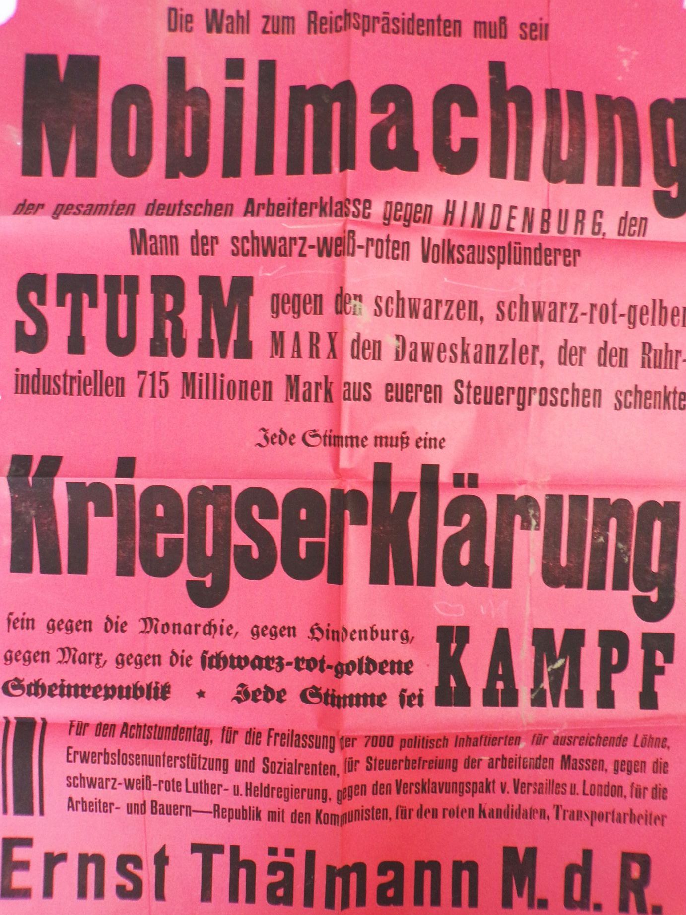 Original Plakat Ernst Thälmann KPD gegen Hindenburg Marx um 1920 Poster