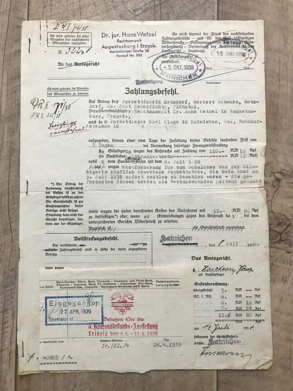 Altes Dokument Zahlungsbefehl 1938 DR Augustusburg Erzgebirge