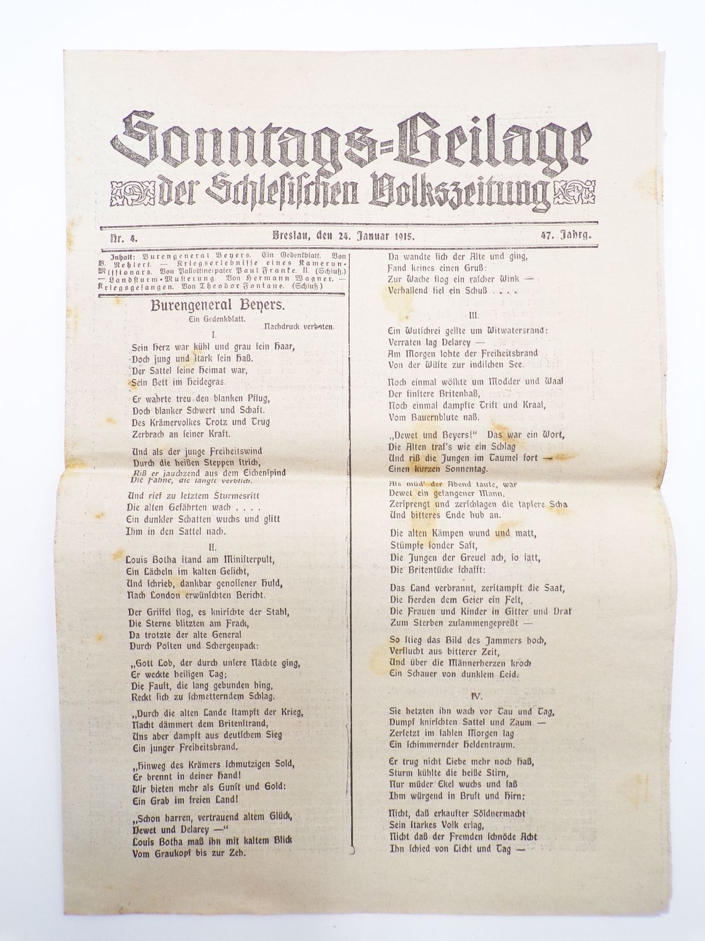 Sonntags Beilage Schlesische Volkszeitung Breslau Nummer 4 von 1915
