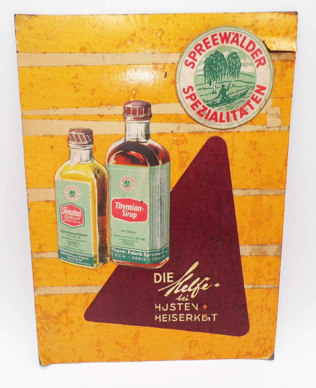 Altes Pappschild Spreewald Spezialitäten Husten Heiserkeit DDR Thymiansirup