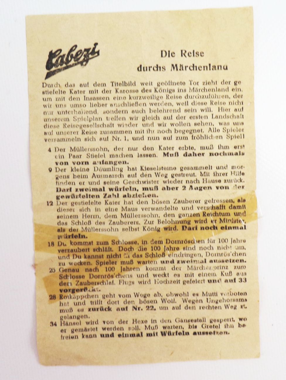 Cabezi Würfelspiel Die Reise durchs Märchenland um 1950 Spielplan Cabezi Würfelspiel Die Reise durchs Märchenland um 1950 Spielplan