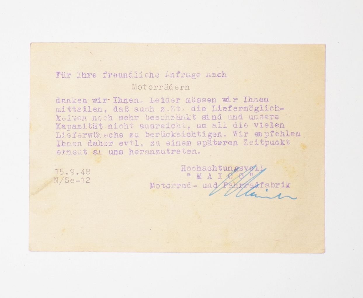 Drucksache Maico Motorradfabrik Fahrradfabrik Pfäffingen bei Tübingen 1948