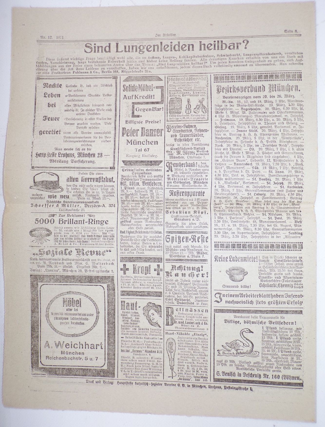 Alte Zeitung Der Arbeiter süddeutscher katholischer Arbeiterverein 12 von 1921 