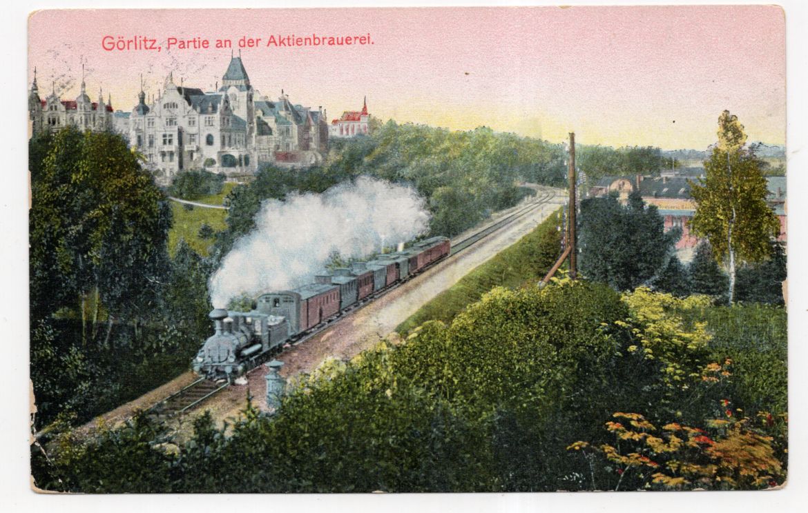 AK Görlitz Partie an der Aktienbrauerei Dampflok Eisenbahn 1908 Beitragsmarke