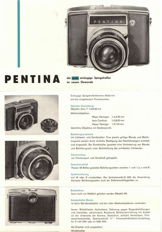 Prospekt Pentina Spiegelreflex Kamera 1960 DDR