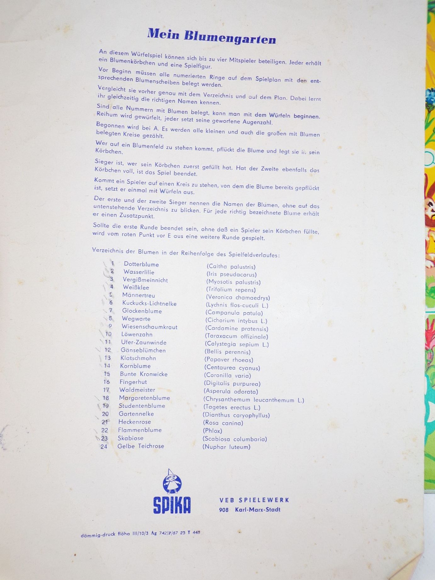 Mein Blumengarten DDR Brettspiel Spika Spielwerk Karl Marx Stadt 1967