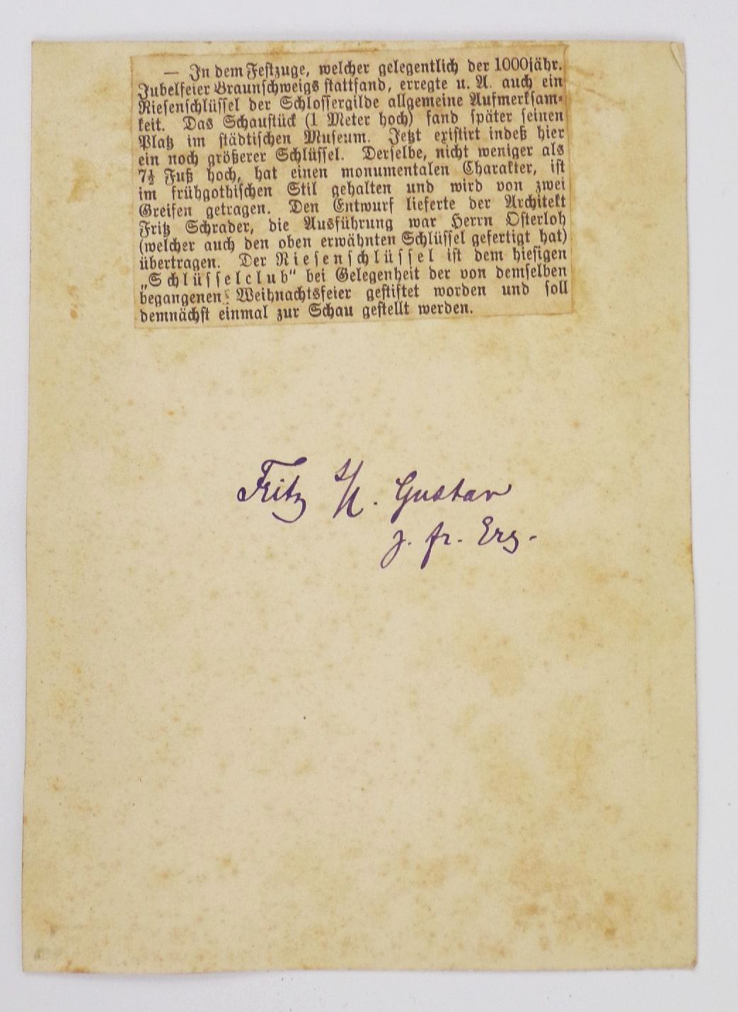 Foto Braunschweig Schloss Schaustück Riesenschlüssel Schlosser Gilde 1880 er 