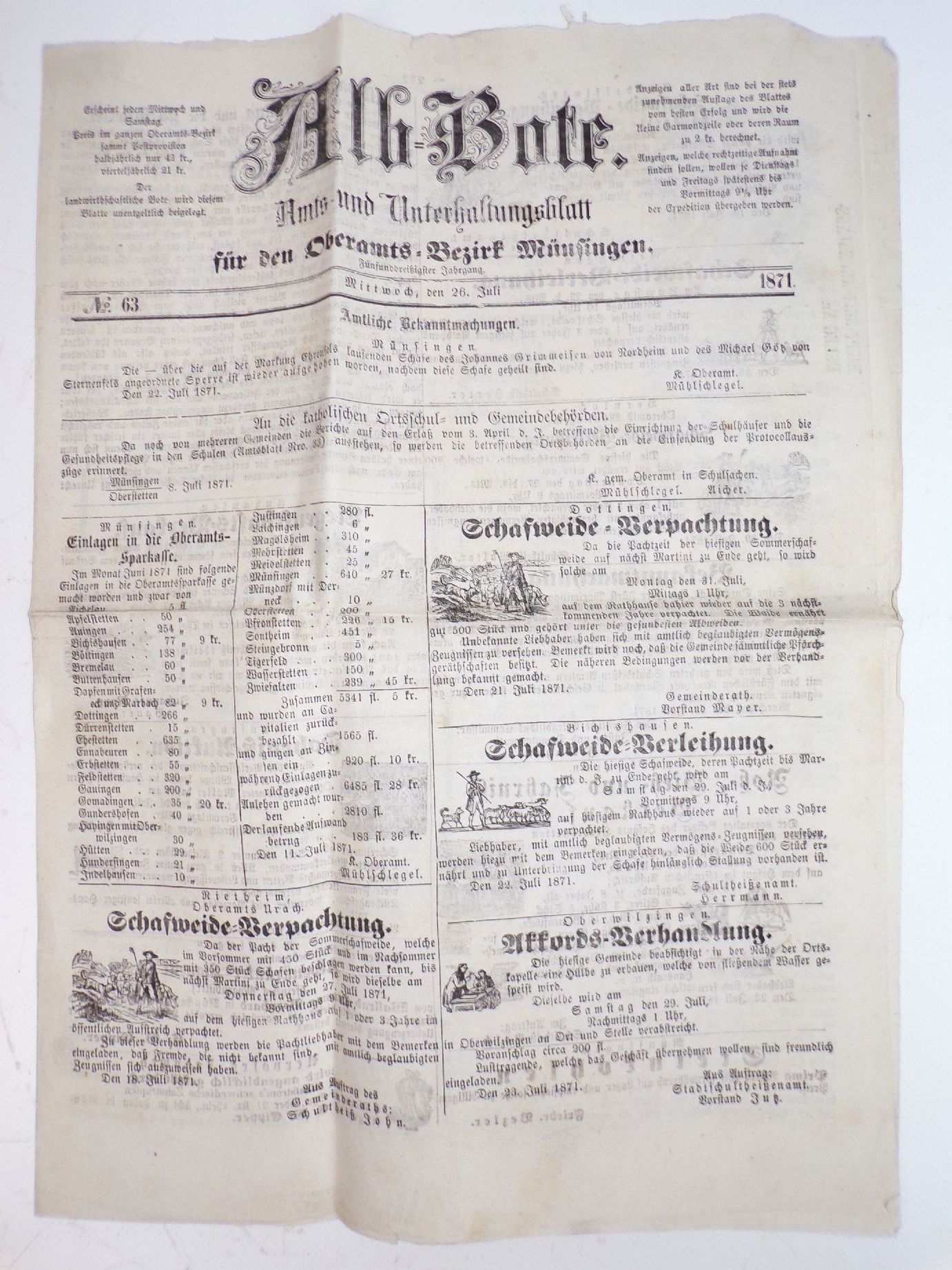 Der Alb Bote 1864 bis 1871 Oberamt Bezirk Münsingen Zeitung