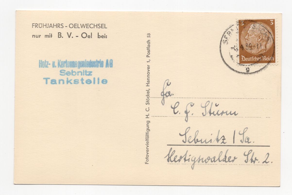 Reklame Ak BV Oel Ölwechsel Flasche Sebnitz 1939 Automobil Oldtimer